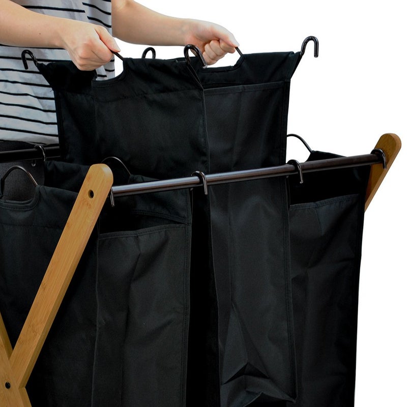 Oceanstar XBS1484 Bamboo 3-Bag Laundry Sorter Black, 29.75 in. H x 19.10 in. W x 27 in. - Image 3